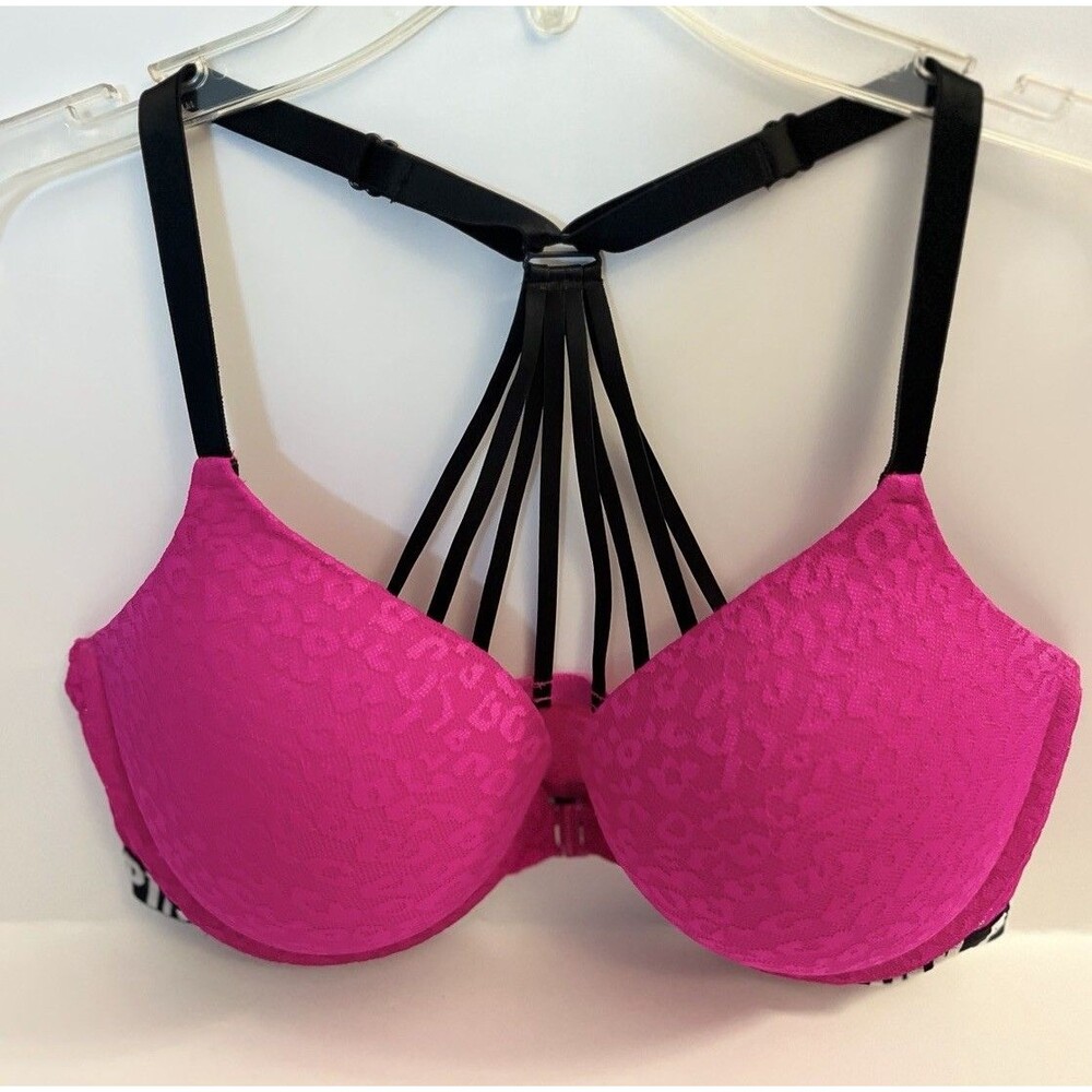 Victoria's Secret PINK STRAPPY BACK LEOPARD LACE PUSH-UP BRA FUCHSIA 36D